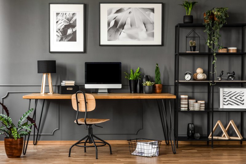 home office with accent wall