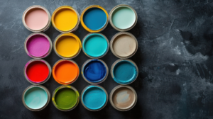 an assortment of colorful paint cans