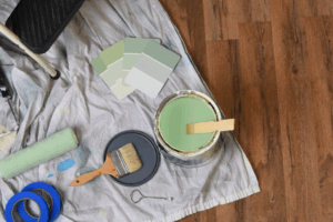 a close-up of painting supplies in an interior room